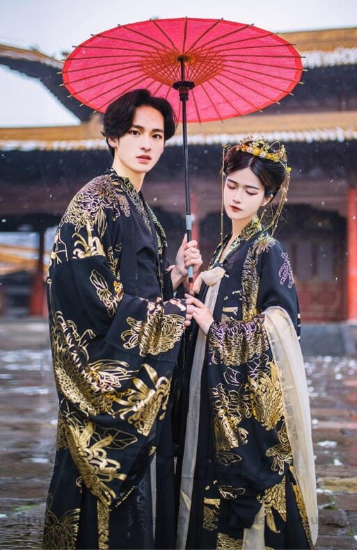 中華コスプレ衣装 メンズ レディース 漢服 唐装 華流コスチューム 大人 ハロウィン 暗黒系 チャイナ服 仮装 変装3点セット 黒に金プリント 花柄 華やか 唐時代 昭和 古代 時代劇 コスプレ中華衣裳 ステージ衣装 細袖 留袖 袴風スカート 送料無料