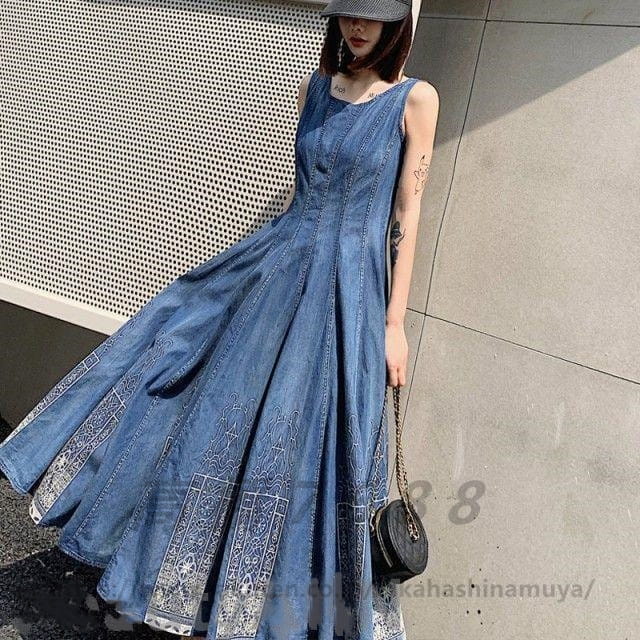 デニム ロングワンピース 大きいサイズ デニム ワンピース 夏 フレアスカート マキシワンピース Aライン 刺繍 ロング丈 3L 4L レディース カジュアル ノースリーブ