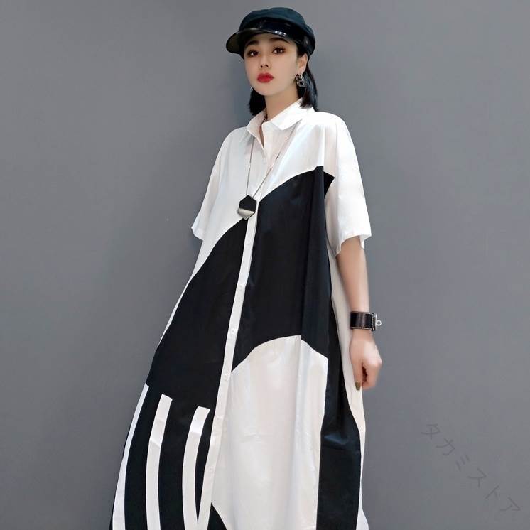 ワンピース ロング シャツ レディース バイカラー 2色 シック モード 個性的 マキシ きれいめ 体型カバー 着痩せ おしゃれ ドロップショルダー Aライン 襟付き 半袖 5分袖 アート 大きい フリーサイズ 黒 白 モノトーン 春 夏 送料無料