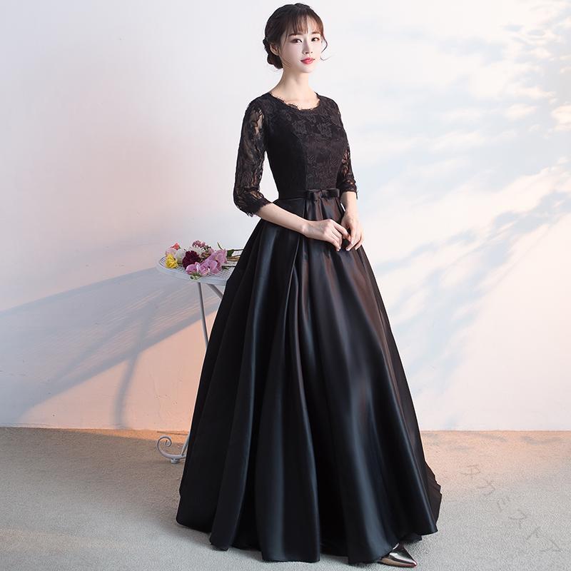 ドレス ロング丈 長袖 黒 女性向け 正装用 夜会服 演奏会ドレス 発表会 舞台衣装 結婚式 披露宴 パーティー 成人式 謝恩会 デート 秋冬 優雅 上品 高級感 後ろリボン フォーマル ドレッシ|タカミストア
