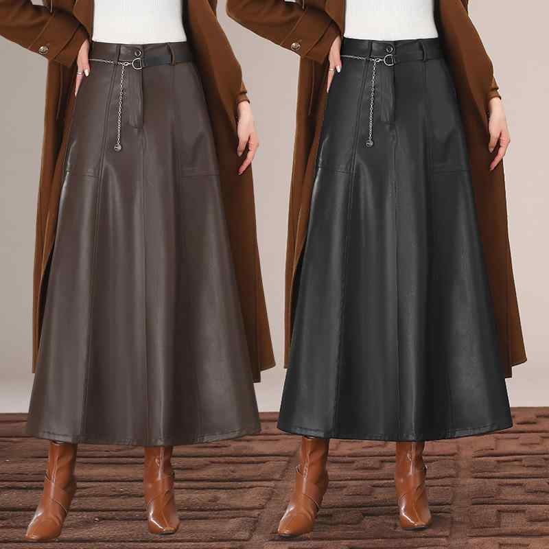 スカート レディース 羊革 ラムレザー 本革 秋冬 Aライン ハイウエスト ミドル丈 ロング丈 タイトスカート スリム見え 微ストレッチ ブラック ダークブラウン レザー スカート 羊皮 本皮｜タカミストア