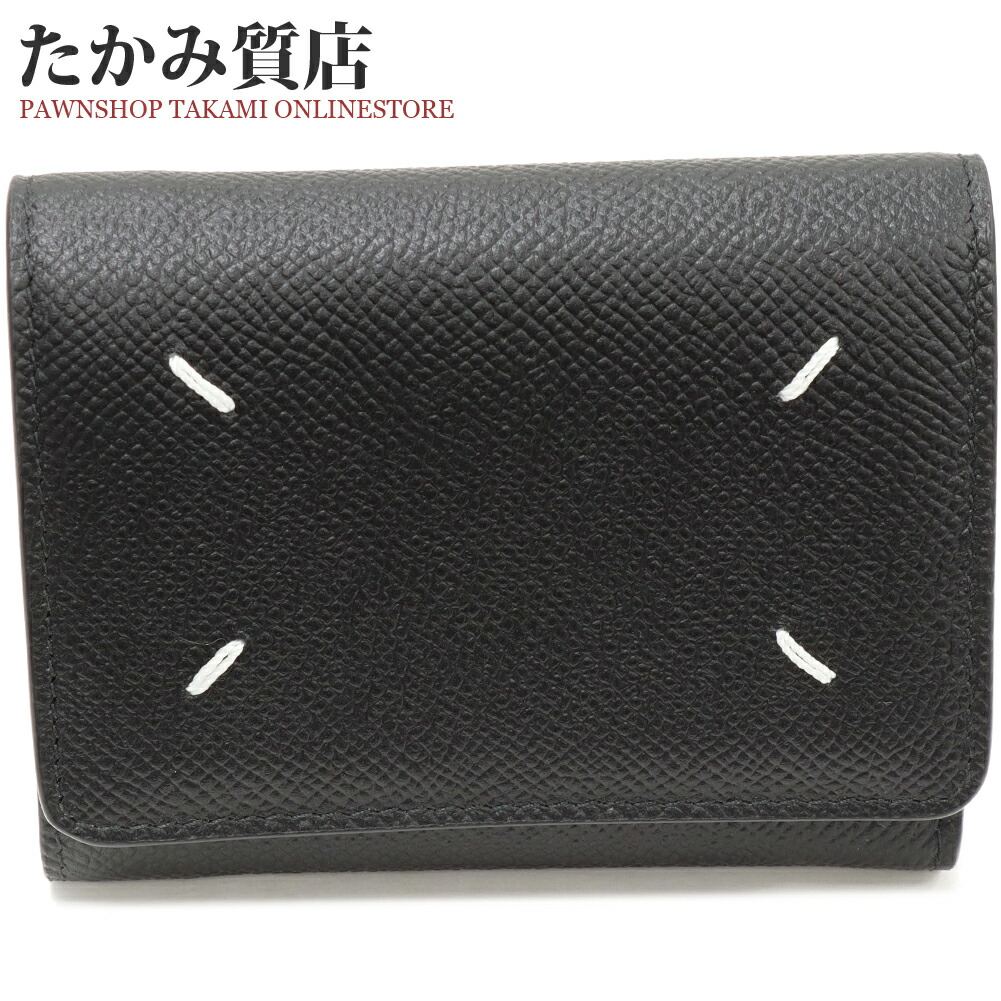 メゾンマルジェラ 三つ折り札入れ(御釣り入れあり) コンパクトウォレット 4ぬい目 三つ折りウォレット 子ウシ 黒 SA3UI0017P4745T8013 財布・ケース-バッグ・小物・ブランド雑貨-メンズ財布