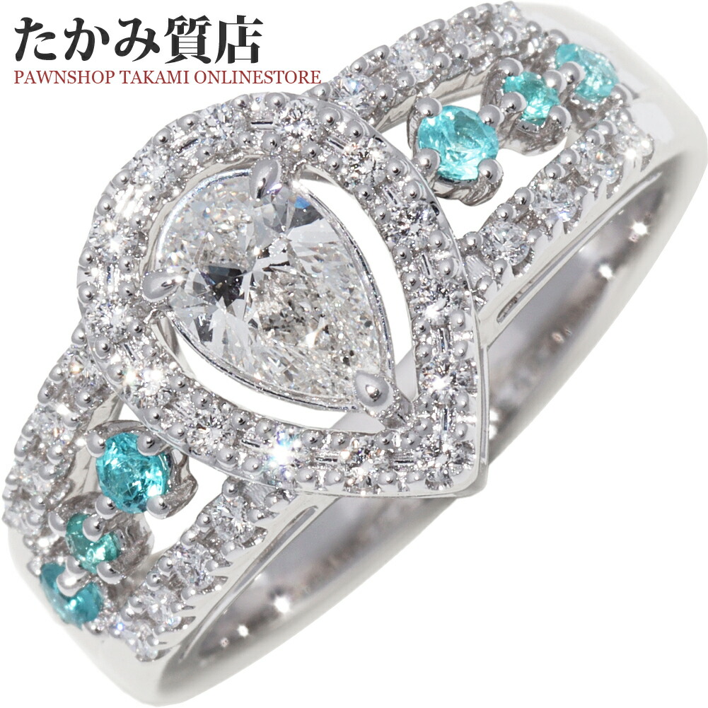 タサキ 指輪 K18WG ペアシェイプダイヤ0.51ct パライバトルマリン6P メレダイヤ0.24ct 約13号
