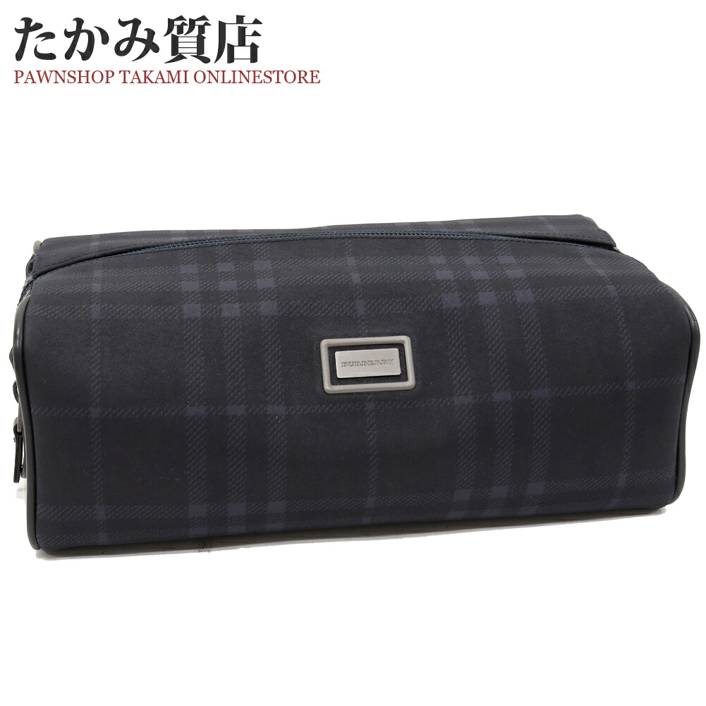 バーバリー 二つ目御徒面子 合切袋 バーバリーロンドン ノバチェック PVC帆布 ナイロン 黒x米国海軍