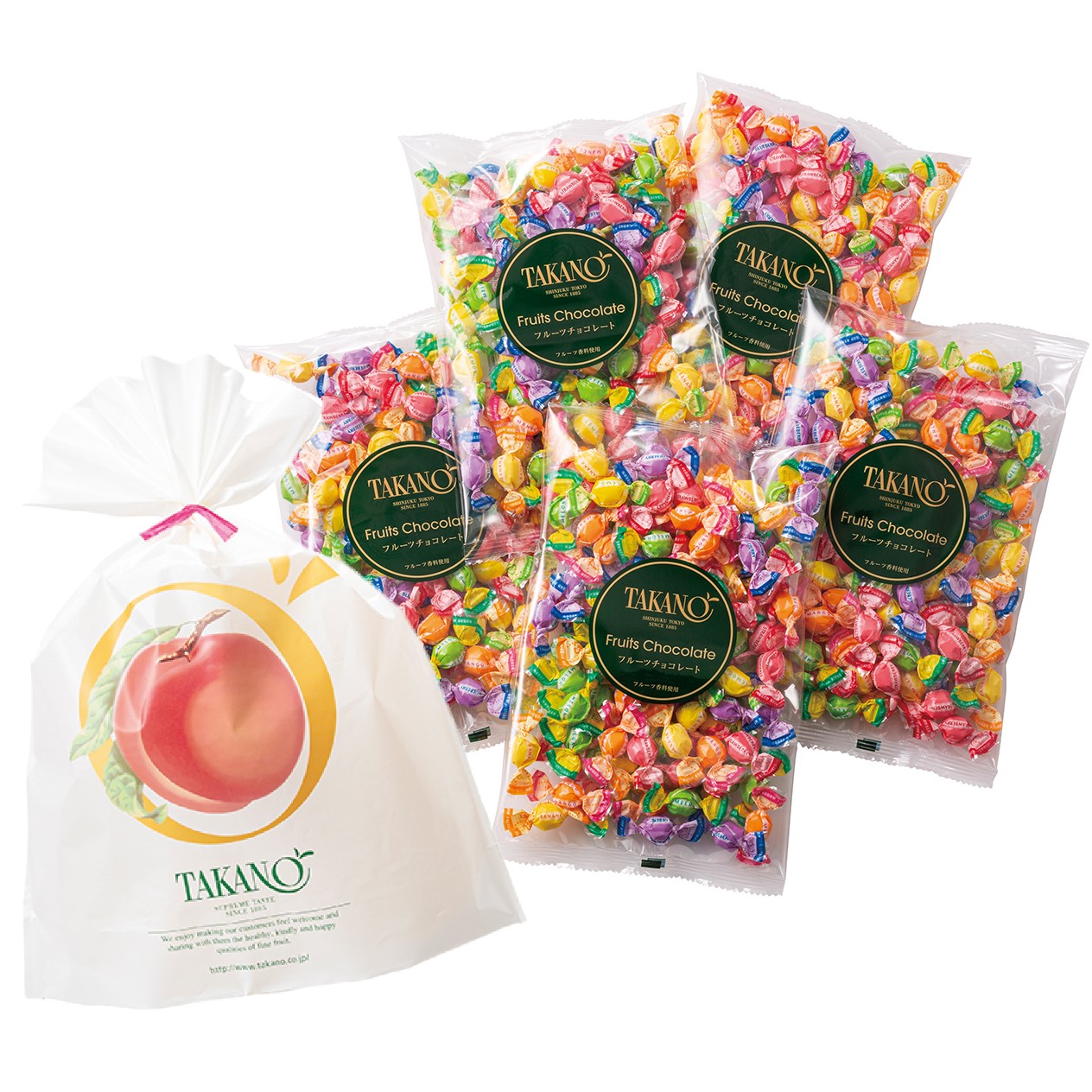 公式 新宿高野 シェアフルーツチョコレート平袋5入（ピーチ柄ラッピング袋付）｜ギフト スイーツ お菓子 洋菓子 個包装 プチギフト プレゼント 高野フルーツ 大量 ばらまき スイーツ 内祝い お配り 卒業 入学 春 自分用