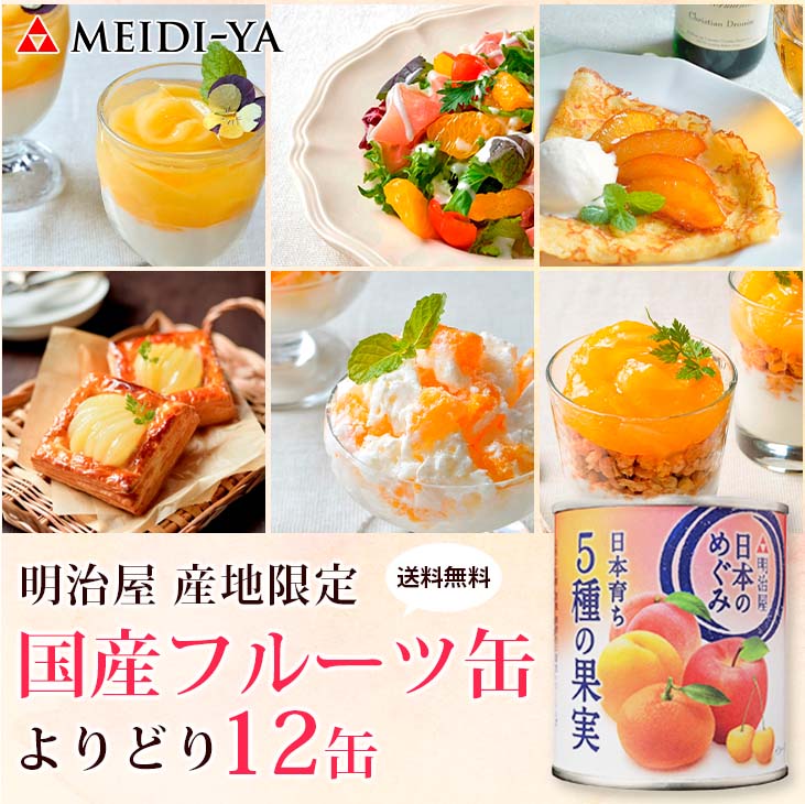 エントリーしてポイント５倍！5月23日20時スタート！<br>明治屋 日本のめぐみ 産地限定 国産 フルーツ缶詰 詰め合わせ <br>選り取り12缶(3缶単位) <br> ※当商品はギフト商品ではございません。 <br>【送料無料(一部地域を除く)】