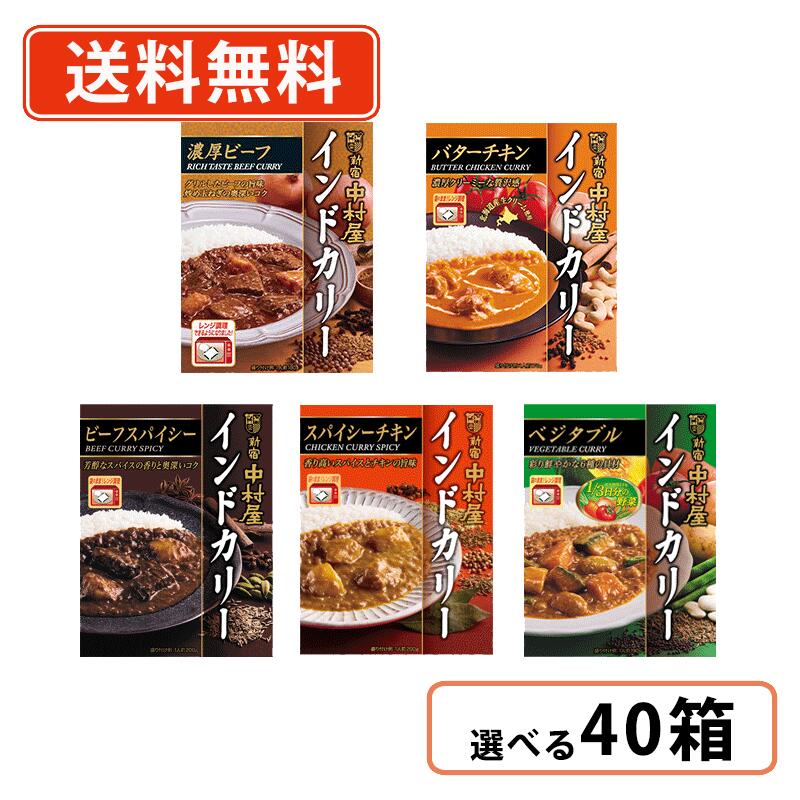 エントリーしてポイント５倍！5月23日20時スタート！<br>新宿中村屋 インドカリー 5種類から選べる 40箱セット(5箱単位)  カレー ビーフスパイシー ベジタブル バターチキン　【送料無料(一部地域を除く)】