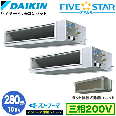 ダイキン SSRJM280DD ストリーマ除菌シリーズ(10馬力 三相200V ワイヤード) ■分岐管(別梱包)含む 業務用エアコン 天井埋込ダクト形 ＜高静圧＞タイプ 同時ツイン280形 FIVESTAR ZEAS 取付工事費別途