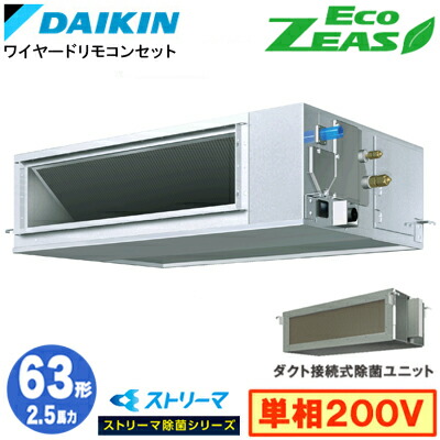 ダイキン SZRJM63CV ストリーマ除菌シリーズ(2.5馬力 単相200V ワイヤード) 業務用エアコン 天井埋込ダクト形 ＜高静圧＞タイプ シングル63形 EcoZEAS 取付工事費別途