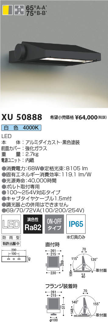 コイズミ照明装置 XU50888 LEDエクステリアライト Flood Light 貼り出し用広々とした配光印字機 8000ルーメン社会階級 白いこと 非調光 設立照明装置 開けっ広げ分野 室外照明装置