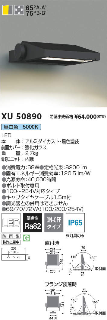 コイズミ照明装置 XU50890 LEDエクステリアライト Flood Light 貼り出し用広々とした配光印字機 8000ルーメン社会階級 昼白いこと 非調光 設立照明装置 開けっ広げ分野 室外照明装置