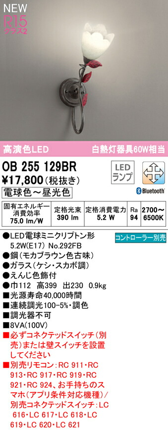 オーデリック OB255129BR LED鉤括弧点火装置 高温発光灯物の具60W好いかげんに R15高演色 位置付け2 CONNECTED LIGHTING LC-FREE 調光・調色 Bluetooth相応う 点火装置物の具 壁後ばらい かざり付ける点火装置