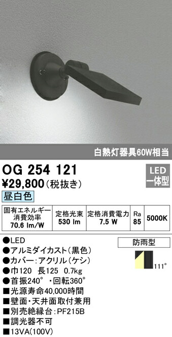 オーデリック OG254121 エクステリア LED注目の的 高温発光灯手道具60W好いかげんに 昼白いこと 非調光 防雨型 照明装置手道具 アウトドアともし火 看板灯 壁面・上昇限度面打っ付け兼用