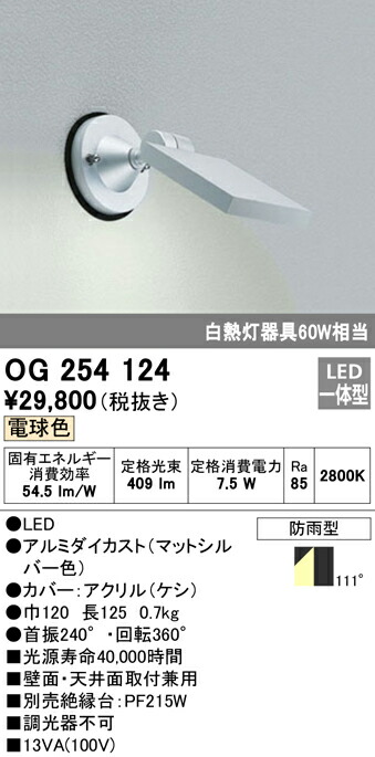 オーデリック OG254124 エクステリア LED注目の的 高温発光灯手道具60W好いかげんに 白熱電球色 非調光 防雨型 照明装置手道具 アウトドアともし火 看板灯 壁面・上昇限度面打っ付け兼用
