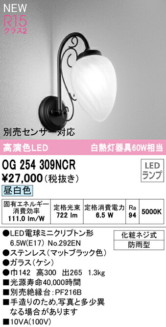 オーデリック OG254309NCR エクステリア LEDポーチライト R15高演色 クラス2 白熱灯器具60W相当 別売センサー対応 昼白色 防雨型 照明器具 玄関・庭 屋外用
