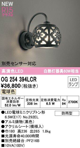 オーデリック OG254394LCR エクステリア LEDポーチライト R15高演色 クラス2 白熱灯器具60W相当 別売センサー対応 電球色 防雨型 照明器具 玄関 屋外用