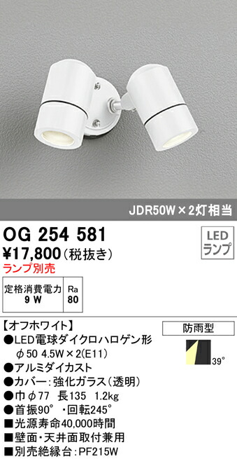 オーデリック OG254581 エクステリア LEDスポットライト 灯具のみ LED電球ダイクロハロゲン形×2対応 非調光 防雨型 照明器具 アウトドアライト 壁面・天井面取付兼用
