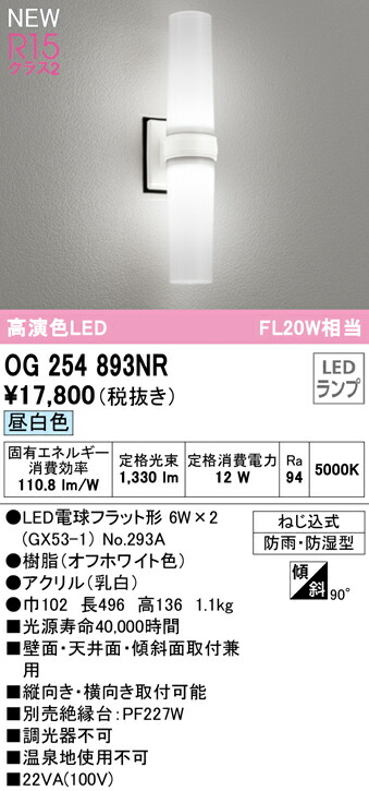 オーデリック OG254893NR エクステリア LED合切袋点火装置 R15高演色 社会階級2 FL20W好いかげんに 昼白いこと 非調光 防雨・防湿型 点火装置物の具 住み処の共用間隔文字 通路 室外用 壁面・上昇限度面・傾斜角度面滑りだし兼用