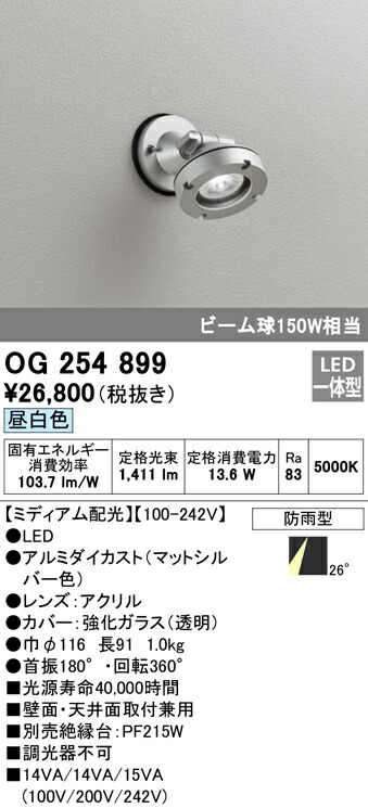 オーデリック OG254899 エクステリア LEDスポットライト ビーム球150W相当 昼白色 非調光 防