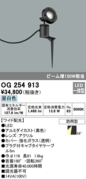オーデリック OG254913 エクステリア LEDスポットライト ビーム球150W相当 スパイク式 昼白色 非調光 防雨型 ワイド配光 照明器具 アウトドアライト