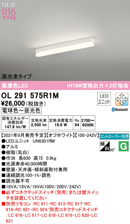 オーデリック OL291575R1M LEDベースライト SOLID LINE SLIM R15高演色 クラス2 直付型 600mm 高光束タイプ  CONNECTED LIGHTING LC-FREE 調光 調色 Bluetooth対応 Hf16W定格出力×2灯相当 照明器具 壁面 天井面  床面取付兼用 賜物