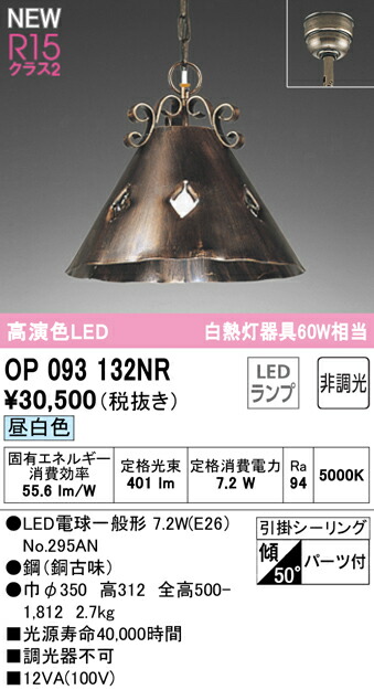 オーデリック OP093132NR LEDペンダントライト R15高演色 クラス2 白熱灯器具60W相当 昼白色 非調光 照明器具 天井照明 吊下げ