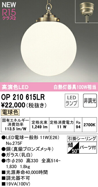 オーデリック OP210615LR LEDペンダントライト R15高演色 クラス2 白熱灯器具100W相当 電球色 非調光 電気工事不要 照明器具 天井照明 吊下げ