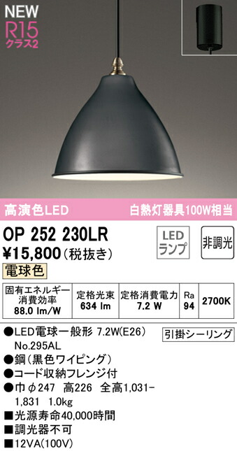 オーデリック OP252230LR LEDペンダントライト R15高演色 クラス2 白熱灯器具100W相当 電球色 非調光 照明器具 吊下げ 天井照明