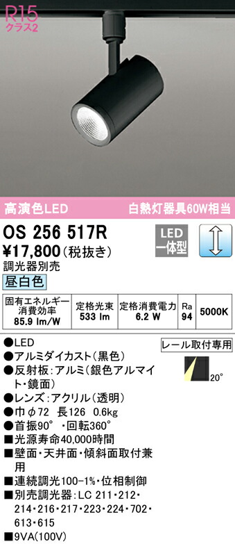 オーデリック OS256517R LEDスポットライト White Gear Ver2.0 R15高演色 クラス2 白熱灯器具60W相当 プラグタイプ 20°ミディアム配光 昼白色 LC調光 照明器具 壁面・天井面・傾斜面取付兼用
