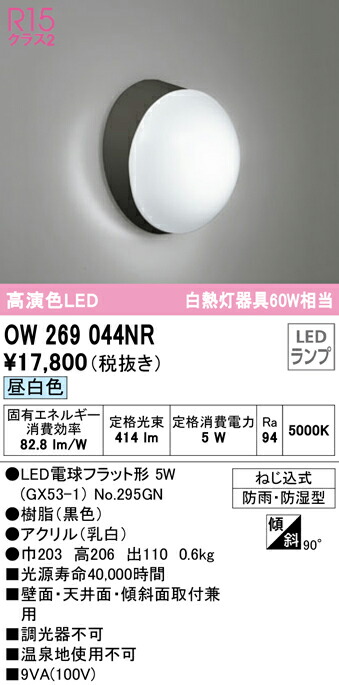 オーデリック OW269044NR エクステリア LEDポーチライト R15高演色 クラス2 白熱灯器具60W相当 昼白色 非調光 防雨 防湿型  照明器具 玄関 エントランス 屋外用 壁面 天井面 傾斜面取付兼用 2022モデル