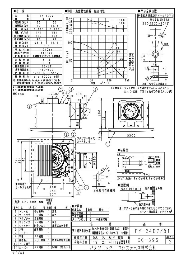 人気アイテム h トイレ 店舗用 パナソニック 81 ホール 低騒音形 140立方m XFY-24B7 事務所 洗面所 廊下 ルーバー組合せ品番 天井埋込形換気扇  居室 住宅設備家電