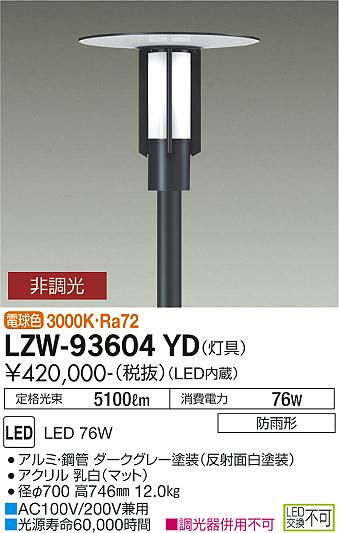 大光電機 LZW-93604YD LEDアウトドアライト ハイポールライト 水銀灯250W相当 拡散配光 灯具のみ 電球色 非調光 施設照明 123,200円
