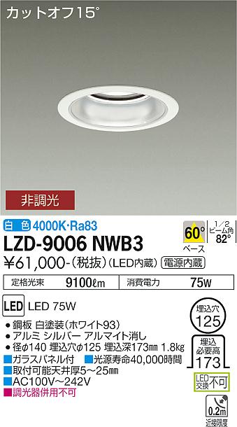 大光電機 LZD-9006NWB3 LEDベースダウンライト 埋込穴φ125 10000クラス メタルハライドランプ250W相当 電源内蔵 カットオフ15° シルバーマットコーン 60°配光 白色 非調光 施設照明