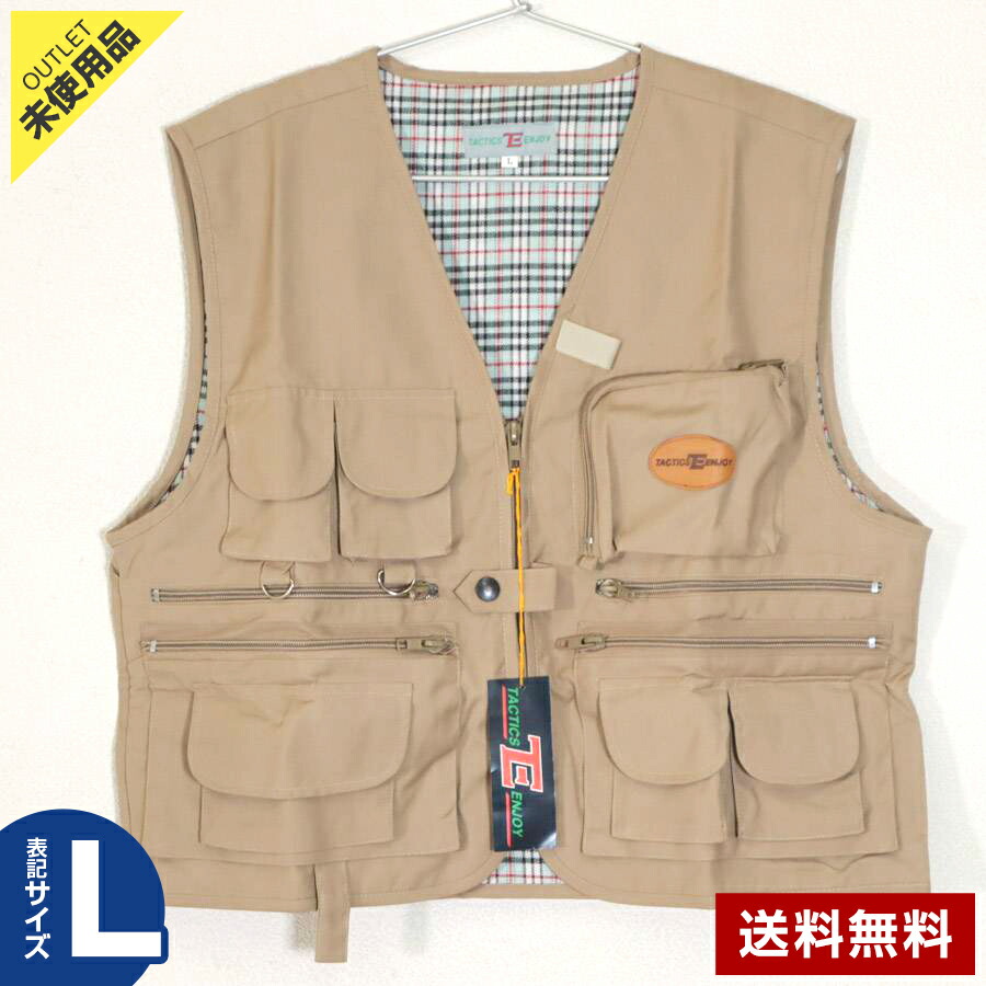 【アウトレット品】TACTICS ENJOY フィッシングベスト Lサイズ ベージュ 裏地チェック柄 タクティクスエンジョイ 釣り アウトドア◆151h30画像