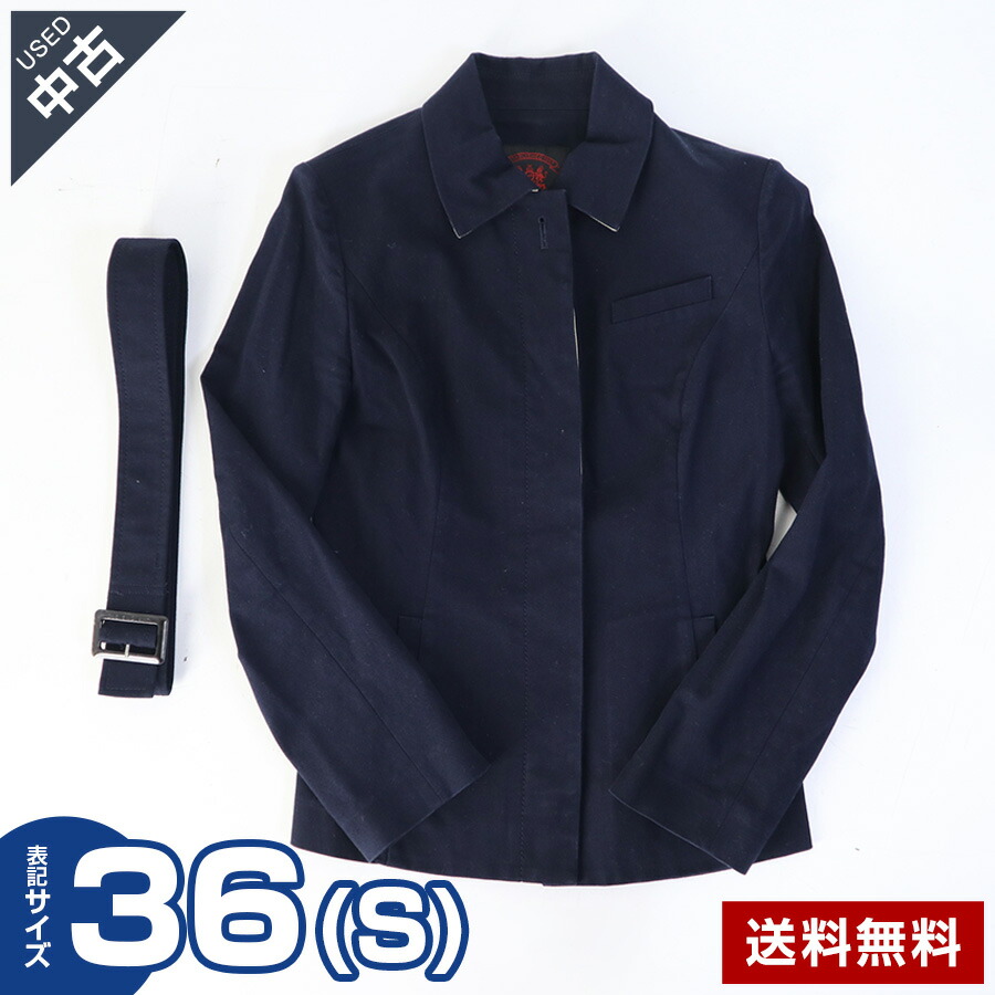 【中古】古着 美品 OLD ENGLAND ステンカラージャケット 腰ベルト付き ネイビー サイズ36(S) レディース 春秋アウター オールド イングランド★322v11