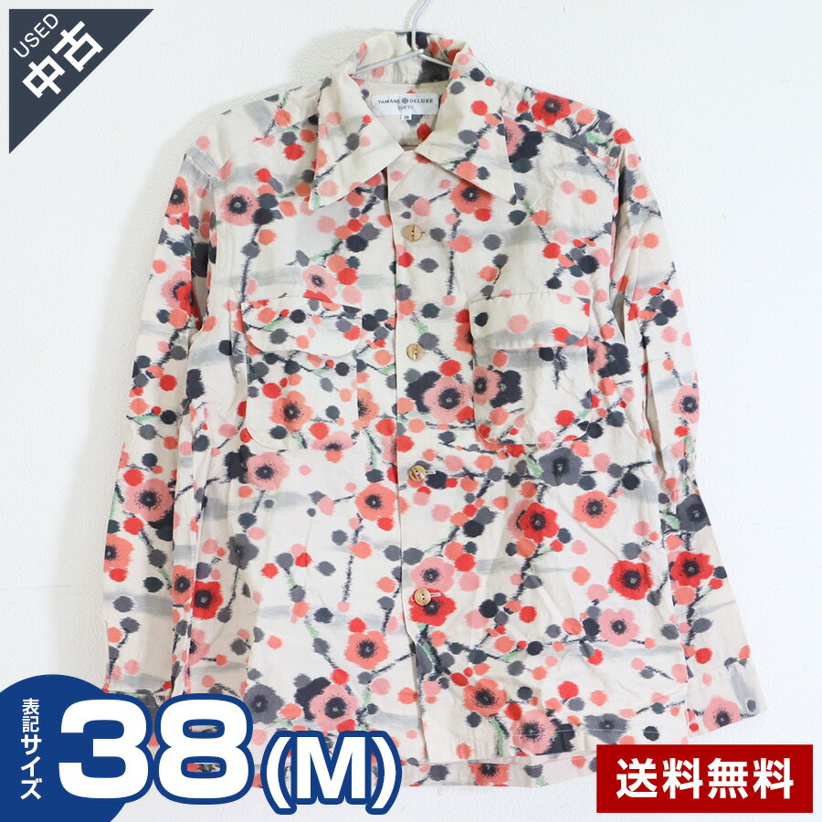 【中古】古着 YAMANE DELUXE 長袖シャツ サイズ38(M) メンズ 梅柄 花柄 和柄 綿100％ ヤマネデラックス◆339h21