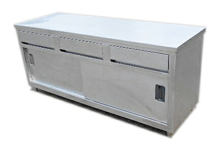 【中古】 御勤め用 ステンレス鋼製 抽き出し付き添い人食器庫 W1800×D600×H800粍 / 勝手もと 扉付き添い人 納める やり方台 膳立て台 細工物速見表 引戸 押し入れ