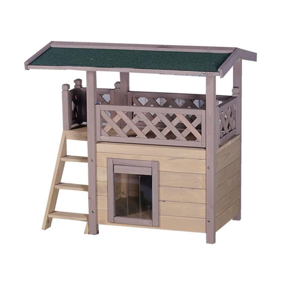 木製キャットハウス屋外防水ペットハウス2階建てキャットハウスキャットヴィラ階段付きハウスキャットハウスドアフラップ付き