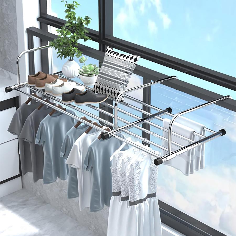 物干し ステンレス ベランダ物干し 伸縮可能 78-140cm 引っ掛けタイプ 乾燥ラック 耐荷重25kg 組み立て不要 折りたたみ タオルハンガー｜TAKARAMONSTER