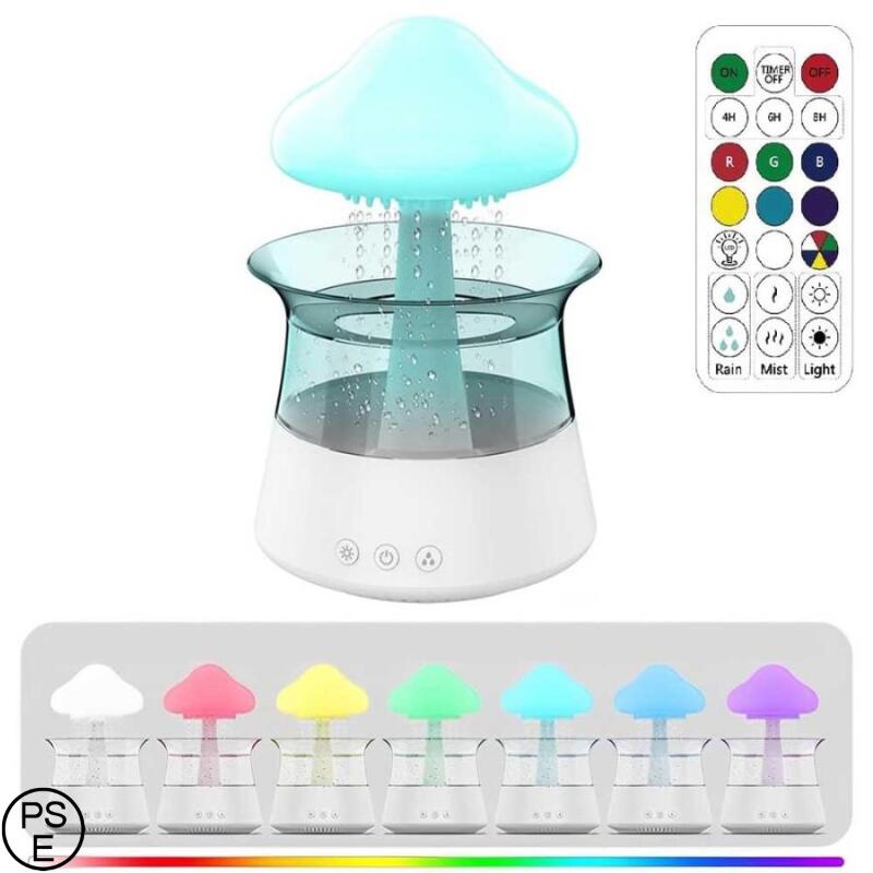 キノコ風加湿器 TYPE-C給電仕様 容量300ml 2 in 1 Rain Cloud 加湿器 滝型ライト 調節可能な7色のLEDライトリモコン付き 寝室とデスク用
