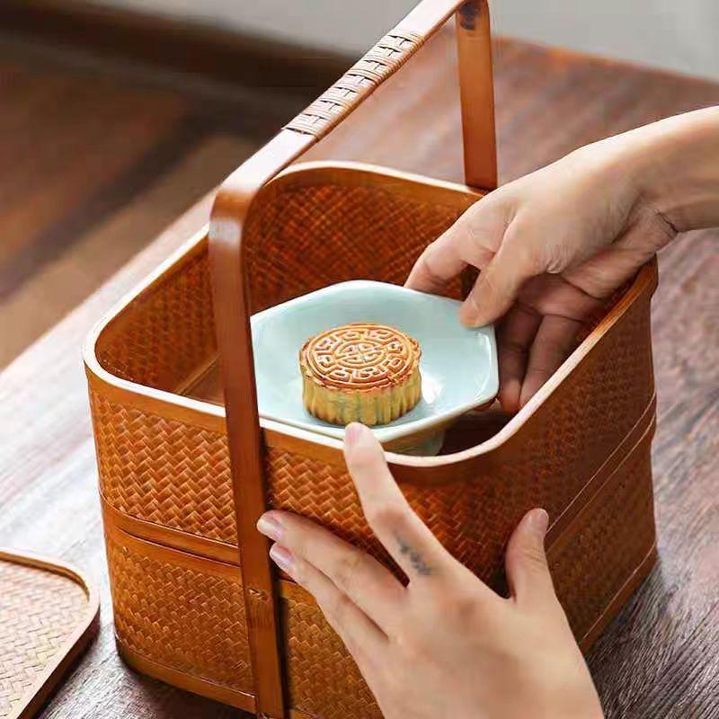 竹編み カゴ  納めるボックス席 カゴ 御手手お手伝いさん 茶器 茶具 竹籠 提げ篭 お出かけ用 御徒面子 御膳上等 2段式