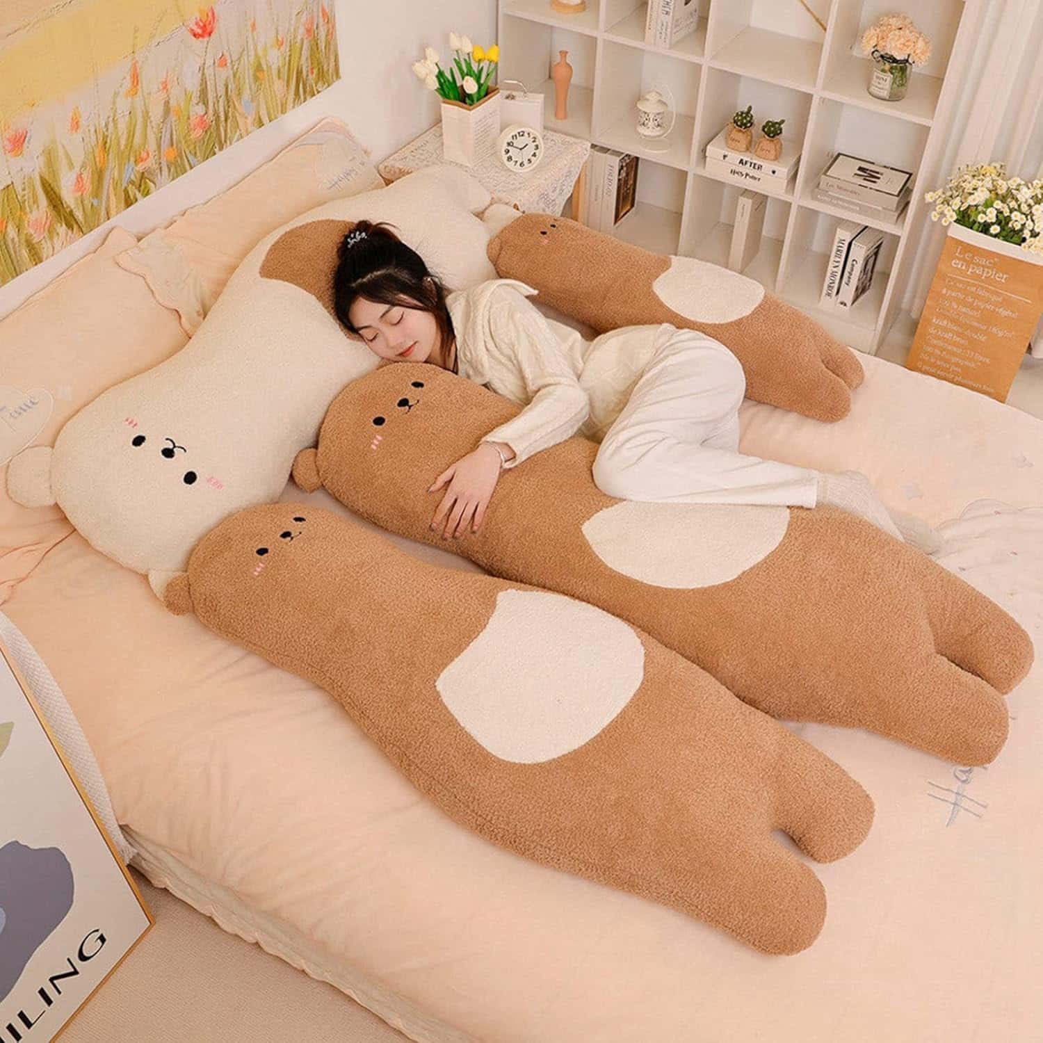 クマ 抱き枕 ロングまくら 円柱 ぬいぐるみ 可愛い キャラクター クッション 背当て 足枕 安眠枕 添い寝枕 多機能 ギフト マシュマロ マ