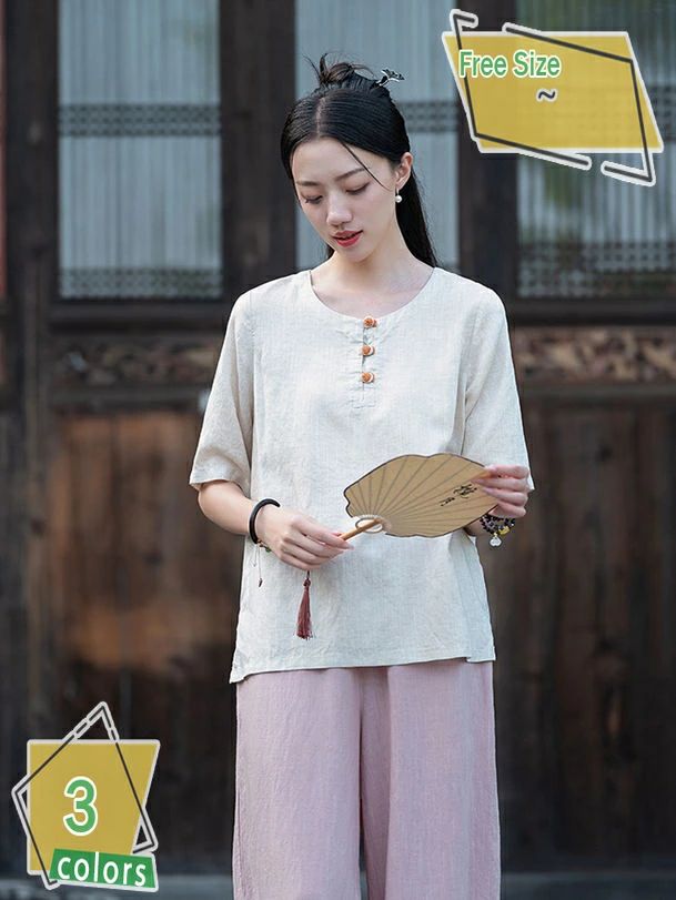 tプルオーバー レディース 中華風 名取り草 茶服 流行り物 ゆったり 今めかしい 半袖 無地 薄っぺら 丸素っ首 好いたらしいめ 馬鹿でかい大きさ 分かりやすい 心地好い t-shirt 夏服 綿織物 リネン 執務室 体型覆いかぶせる 母 カットソー トップ RaogtCYU