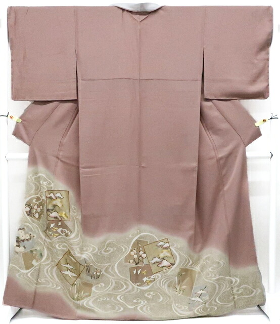【中古】リサイクル着物 色留袖 縫い紋 一つ紋 千鳥文 金糸 訪問着仕立て 正絹 着物 美品 身丈約168cm 裄丈約69cm kyo7z11-1301【リサイクル】宝の山