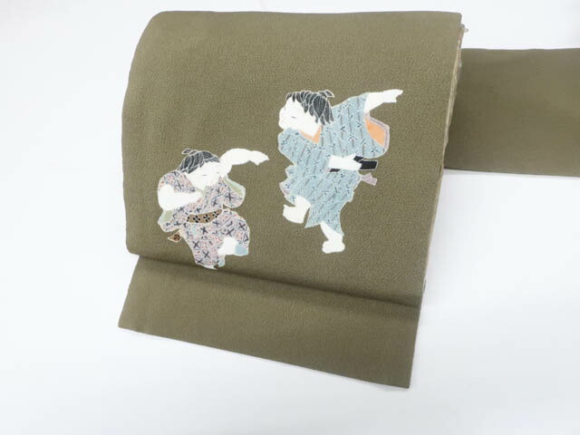 【中古】リサイクル着物 九寸名古屋帯 お太鼓柄 ちりめん 童子文様 正絹 kyo7b11-370【リサイクル】宝の山