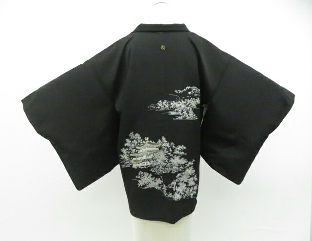 【中古】リサイクル着物 羽織 黒羽織 縫い紋 羽織紐付 正絹 着物 身丈約77cm 裄丈約63.5cm kyo8z02-238【リサイクル】宝の山