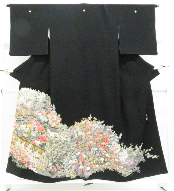 【中古】リサイクル着物 黒留袖 本加賀友禅 作家物 落款入り 五つ紋 反端付き 比翼仕立て 正絹 着物 身丈約153.5cm 裄丈65cm kyo8z03-343【リサイクル】宝の山