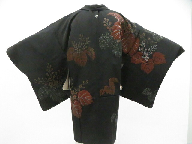 【中古】リサイクル着物 黒羽織 一つ紋 漆 植物文様 羽織紐別売正絹 着物 身丈約83.5cm 裄丈約63.5cm kyo8z03-427【リサイクル】宝の山