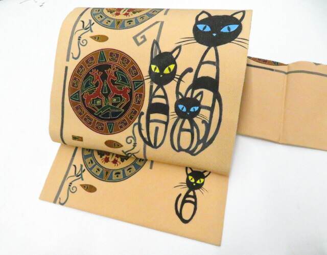 最大70%OFF【中古】リサイクル着物 九寸名古屋帯 オリジナル 全通 猫にオリエンタル ちりめん r8b03-58【リサイクル】宝の山
