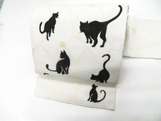 【中古】リサイクル着物 九寸名古屋帯 未使用 オリジナル 西陣織 お太鼓柄 猫 金糸 証紙付 美品 r8b06-126【リサイクル】宝の山|アイディーネット宝の山店